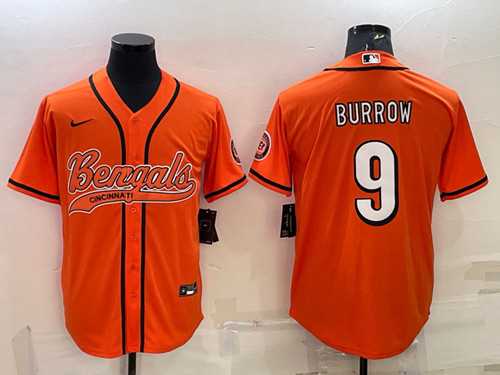 Mens Cincinnati Bengals #9 Joe Burrow Orange With Patch Cool Base Stitched Baseball Jersey->cincinnati bengals->NFL Jersey